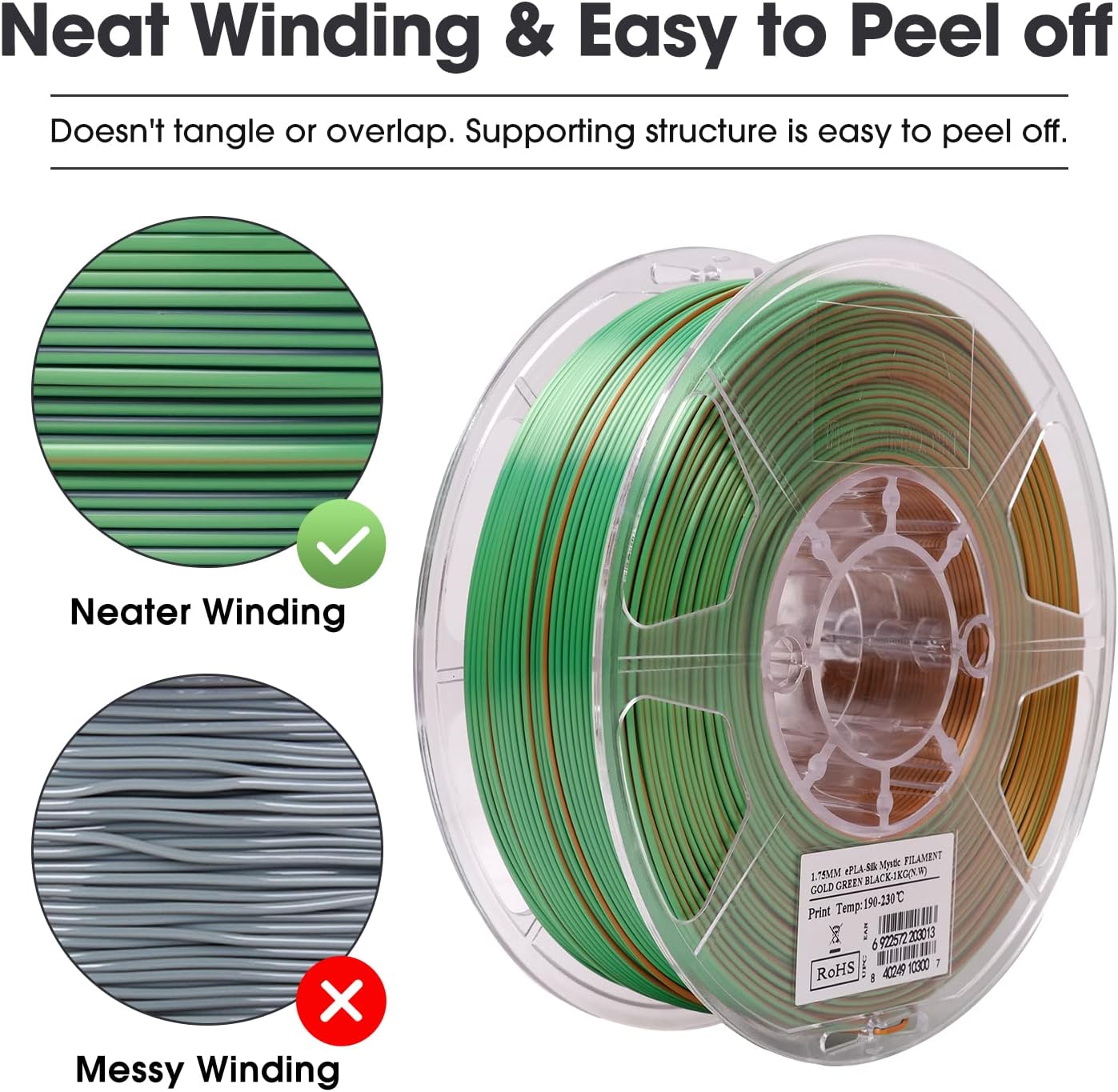 eSUN Silk Mystic PLA Filament 1.75mm, Silky Tricolor 3D Printer Filament PLA, Dimensional Accuracy +/- 0.05mm, 1KG Spool (2.2 LBS) 3D Printing Filament for 3D Printers,Silk Gold Green Black