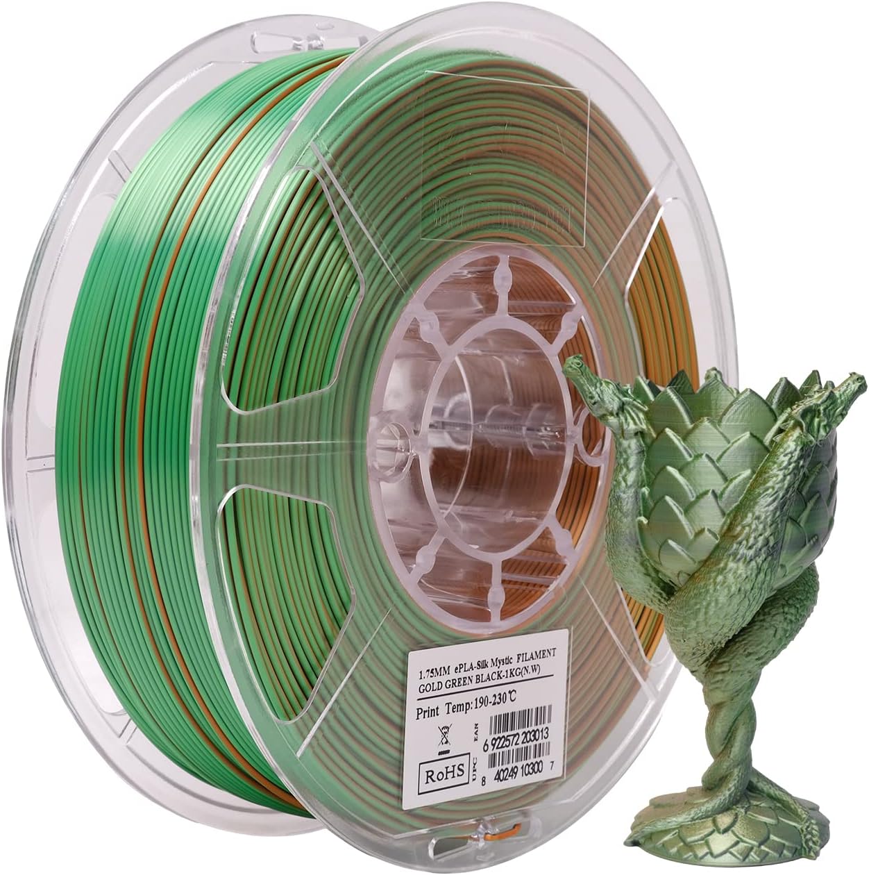 eSUN Silk Mystic PLA Filament 1.75mm, Silky Tricolor 3D Printer Filament PLA, Dimensional Accuracy +/- 0.05mm, 1KG Spool (2.2 LBS) 3D Printing Filament for 3D Printers,Silk Gold Green Black