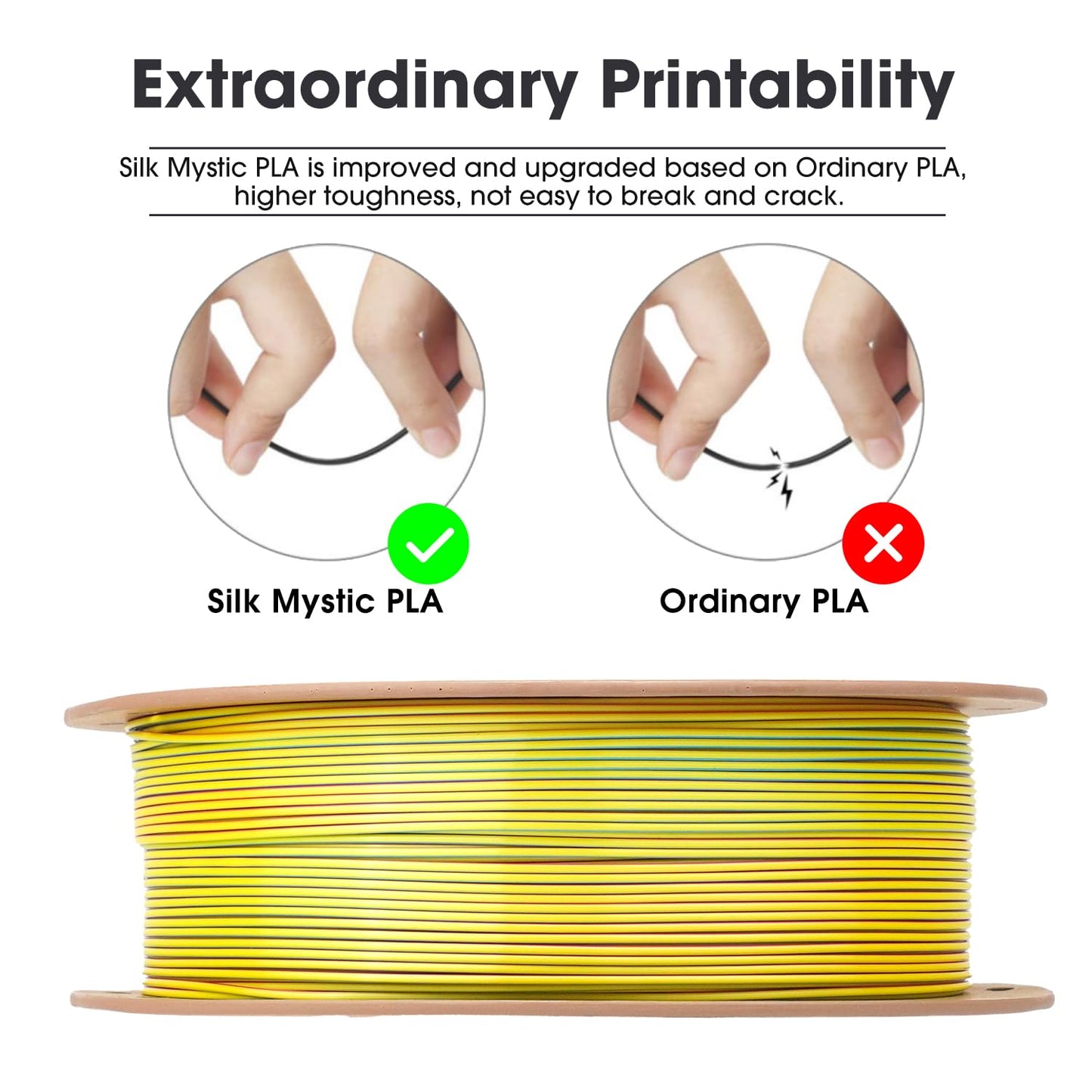 eSUN Silk Mystic PLA Filament 1.75mm, Silky Tricolor 3D Printer Filament PLA, Dimensional Accuracy +/- 0.05mm, 1KG Spool (2.2 LBS) 3D Printing Filament for 3D Printers,Silk Gold Green Black