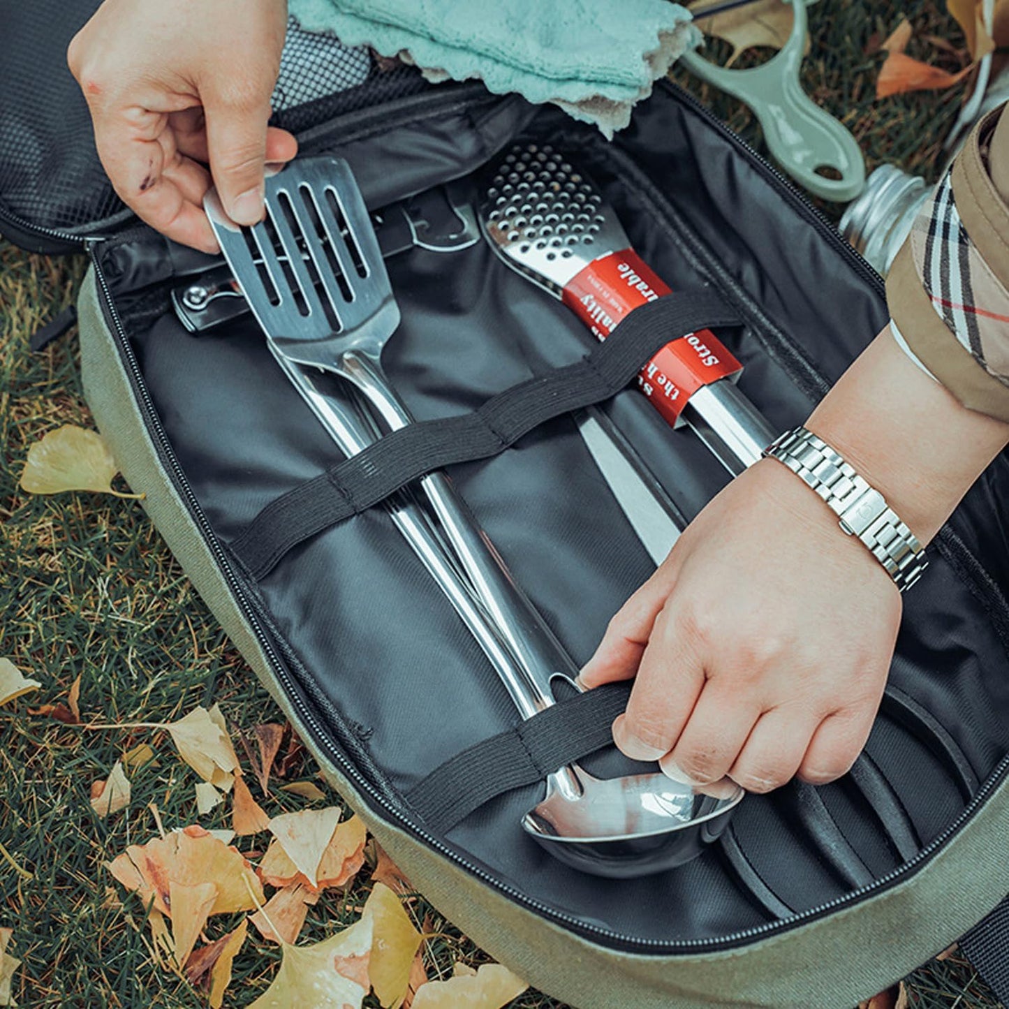Isyunen Portable Camping Kitchen Utensil Set,Camp Cookware Utensils Organizer Travel Kit,16 Pieces Cookware Kit, Travel Grill Set