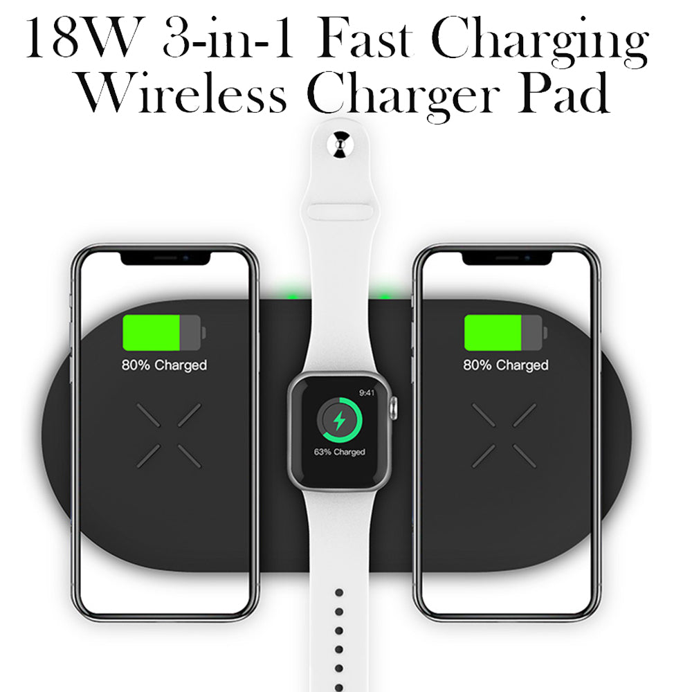 18W 3-in-1 Fast Charging Wireless QI Charger Pad for Apple, Samsung, Apple Watch and AirPods