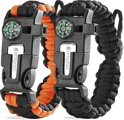 aZengear Paracord Survival Bracelet, Fire Starter Made of Flint and Steel, Whistle and Compass, Adjustable Strap Size for Camping, Bushcraft and Emergency Equipment