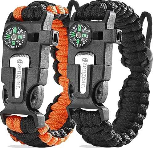 aZengear Paracord Survival Bracelet, Fire Starter Made of Flint and Steel, Whistle and Compass, Adjustable Strap Size for Camping, Bushcraft and Emergency Equipment