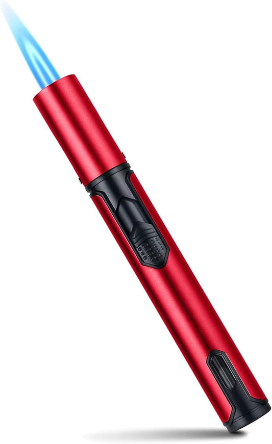 Butane Torch Lighter, 6-inch Refillable Pen Lighter Windproof Adjustable Jet Flame Butane Lighter for Candles Grill BBQ Fireplaces Camping (Butane Not Included) (Red)