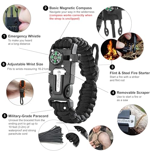 aZengear Paracord Survival Bracelet, Fire Starter Made of Flint and Steel, Whistle and Compass, Adjustable Strap Size for Camping, Bushcraft and Emergency Equipment