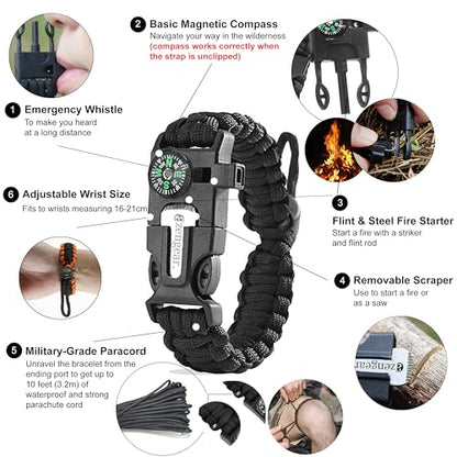 aZengear Paracord Survival Bracelet, Fire Starter Made of Flint and Steel, Whistle and Compass, Adjustable Strap Size for Camping, Bushcraft and Emergency Equipment