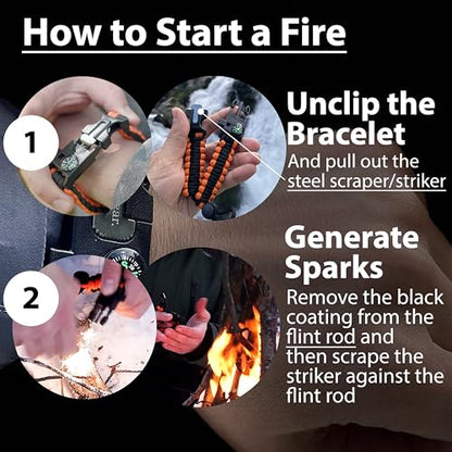 aZengear Paracord Survival Bracelet, Fire Starter Made of Flint and Steel, Whistle and Compass, Adjustable Strap Size for Camping, Bushcraft and Emergency Equipment