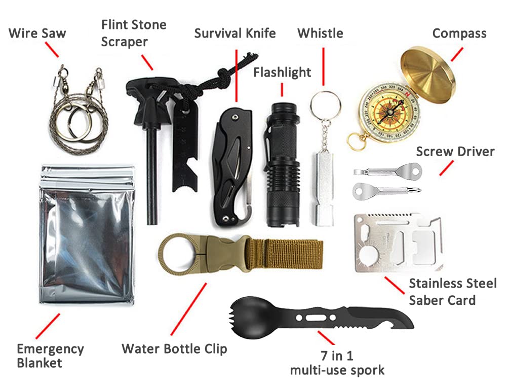 Pepego Survival Kit,13 in 1 Survival Gear and Equipment, First Aid Kit with Survival Emergency Knife Blanket Flashlight Compass Multispork Whistle Screwdriver for Camping Adventures