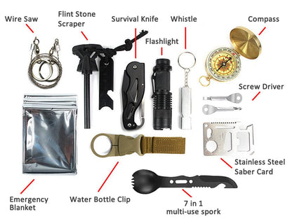 Pepego Survival Kit,13 in 1 Survival Gear and Equipment, First Aid Kit with Survival Emergency Knife Blanket Flashlight Compass Multispork Whistle Screwdriver for Camping Adventures