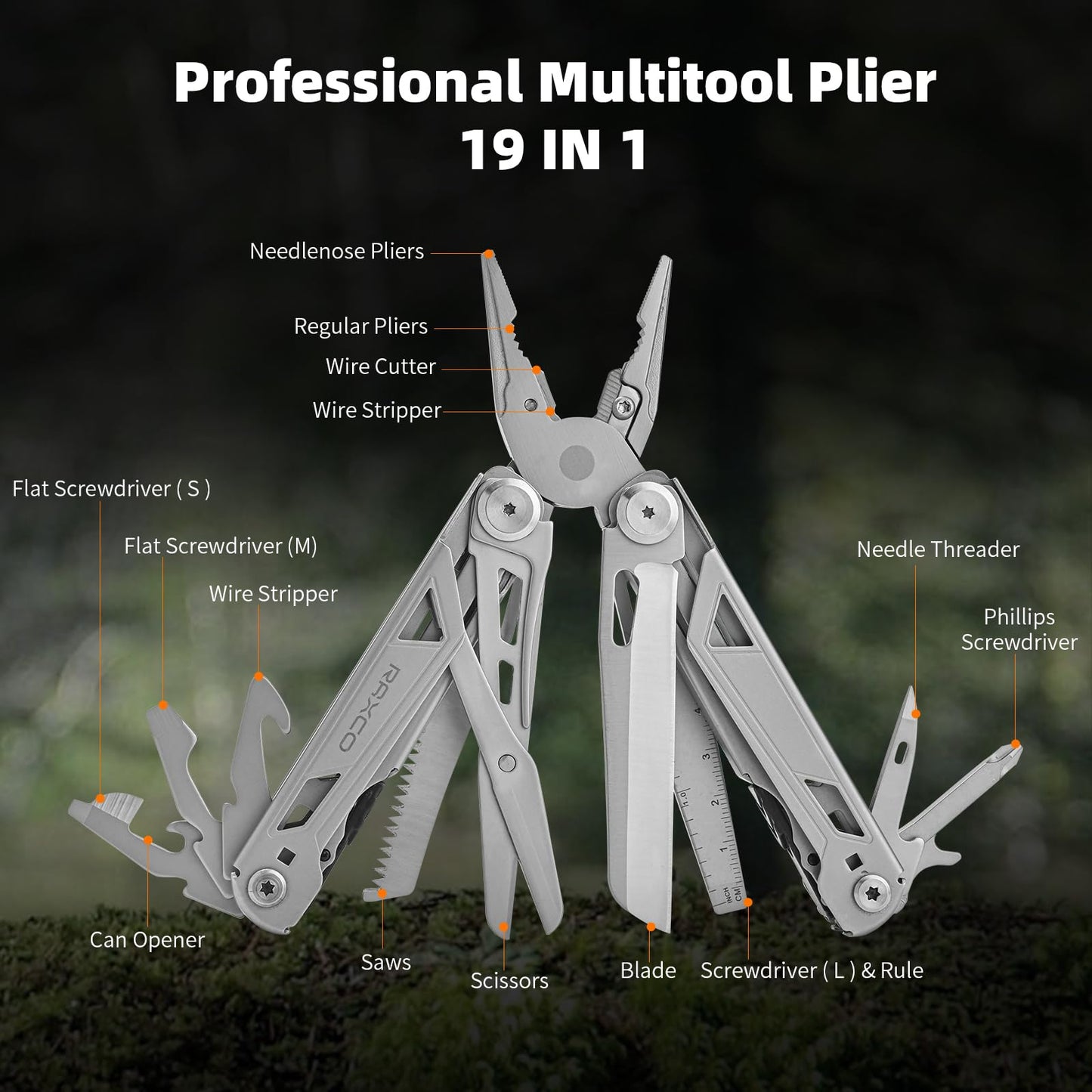 RAXCO Pocket Knife, 16-in-1 Multitools Folding Knife with Long Nose Plier, Multi-Tools with Screwdrivers