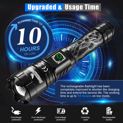 Torch, Goreit Flashlight LED Torch Rechargeable USB 15000 Lumen Handheld Torch, XHP70.2 Super Bright Tactical Flash Lights, High Powered Torches IP67 Waterproof Zoomable, for Camping Hiking Emergency