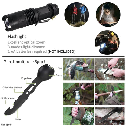 Pepego Survival Kit,13 in 1 Survival Gear and Equipment, First Aid Kit with Survival Emergency Knife Blanket Flashlight Compass Multispork Whistle Screwdriver for Camping Adventures