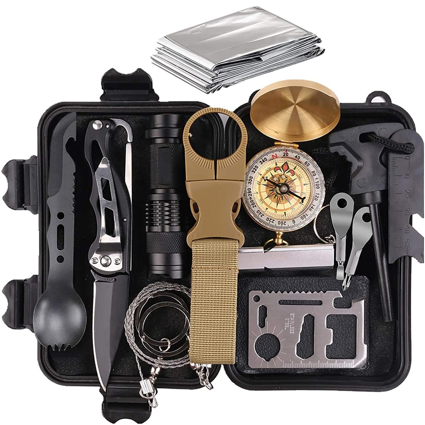 Pepego Survival Kit,13 in 1 Survival Gear and Equipment, First Aid Kit with Survival Emergency Knife Blanket Flashlight Compass Multispork Whistle Screwdriver for Camping Adventures