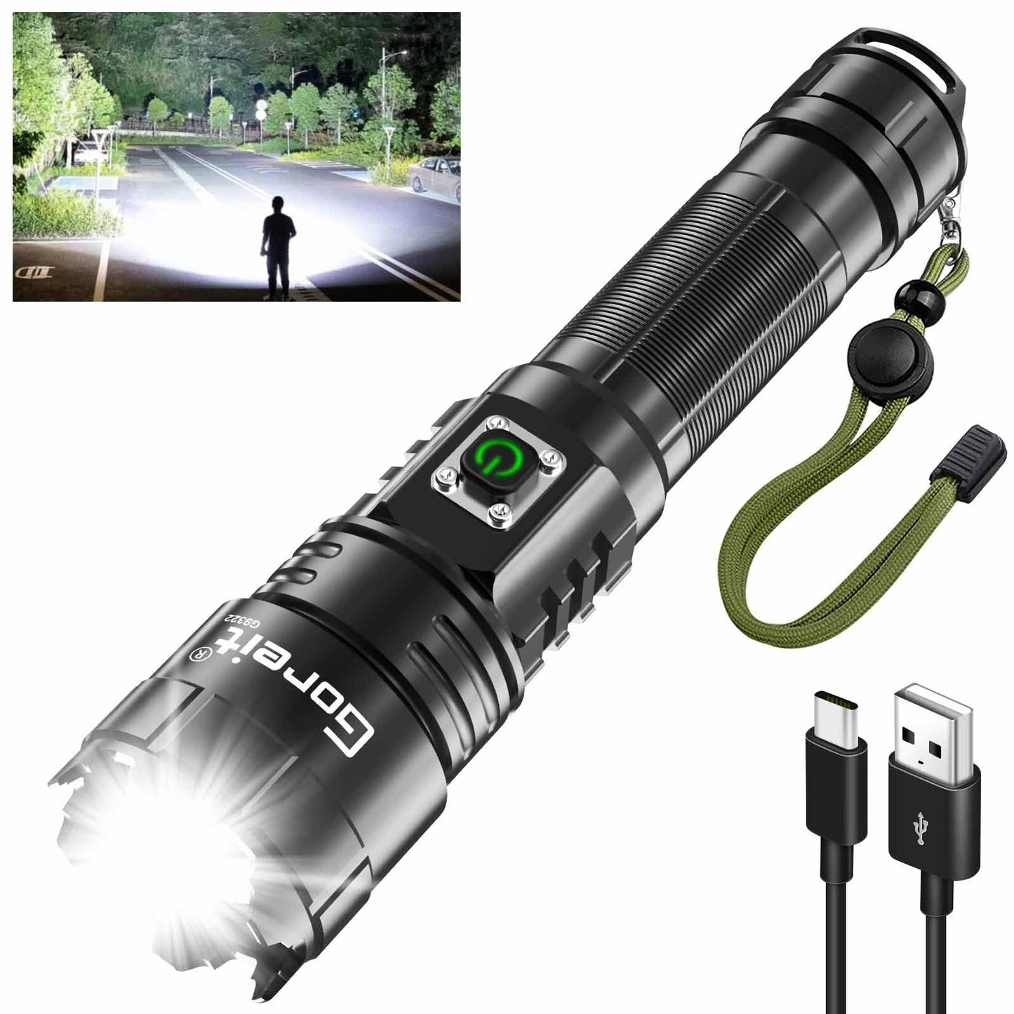 Torch, Goreit Flashlight LED Torch Rechargeable USB 15000 Lumen Handheld Torch, XHP70.2 Super Bright Tactical Flash Lights, High Powered Torches IP67 Waterproof Zoomable, for Camping Hiking Emergency