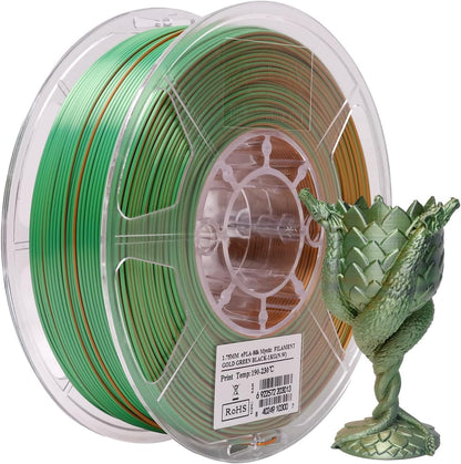 eSUN Silk Mystic PLA Filament 1.75mm, Silky Tricolor 3D Printer Filament PLA, Dimensional Accuracy +/- 0.05mm, 1KG Spool (2.2 LBS) 3D Printing Filament for 3D Printers，Silk Gold Green Black