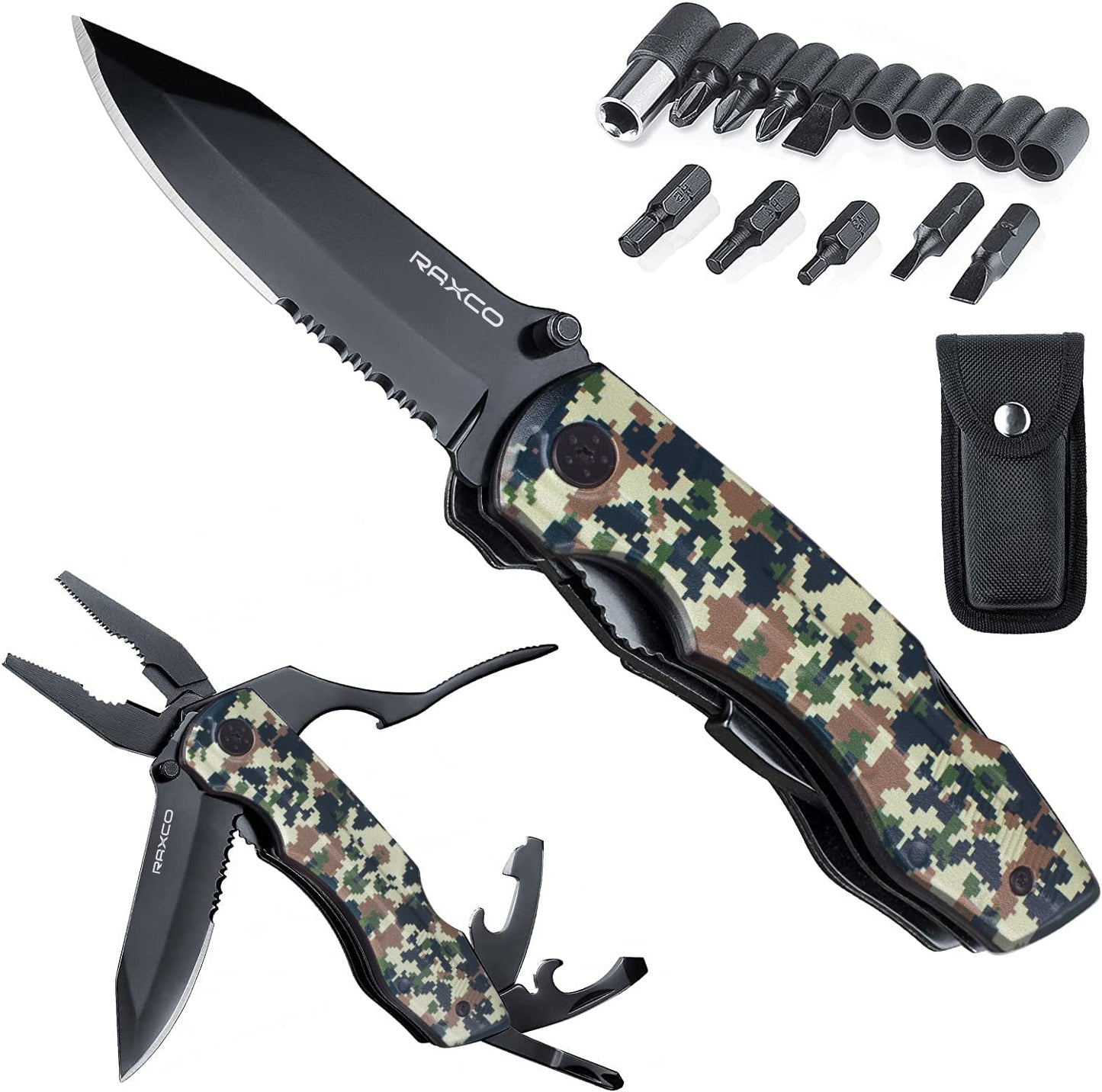 RAXCO Pocket Knife, 16-in-1 Multitools Folding Knife with Long Nose Plier, Multi-Tools with Screwdrivers