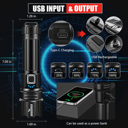 LED Torch Rechargeable Flashlight with High Lumens, Shadowhawk 20000 Lumen XHP70.2 Super Bright Torch, High Powered Torches, Powerful Handheld Tactical Flashlight for Emergency Camping Hiking Gift