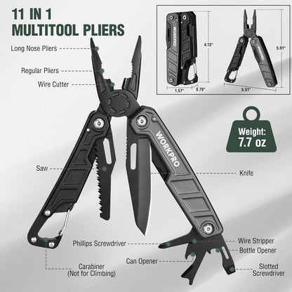 WORKPRO Multitool-11 in 1 Multitool Pliers with Pocket Clip and Sheath-EDC Multi Tool Knives with Safety Lock-Camping Tools Pocket Knife with Screwdriver Saw Blade Wire Cutter and Bottle Opener