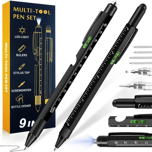 2Pcs Gifts for Men, 9 in 1 Multitool Pen Set - Cool Gadgets for Fathers, Husband, Boyfriend, Grandpa on Christmas Birthday Gifts, Multi Tool Ballpoint Pen Stocking Stuffers for Him Teens (Black-Black)