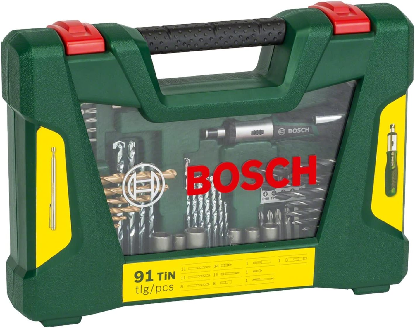 Bosch Accessories 91-Piece V-Line Titanium Drill Bit and Screwdriver Bit Set with Ratcheting Screwdriver (For Wood, Masonry, and Metal)