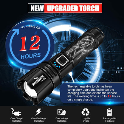 LED Torch Rechargeable Flashlight with High Lumens, Shadowhawk 20000 Lumen XHP70.2 Super Bright Torch, High Powered Torches, Powerful Handheld Tactical Flashlight for Emergency Camping Hiking Gift