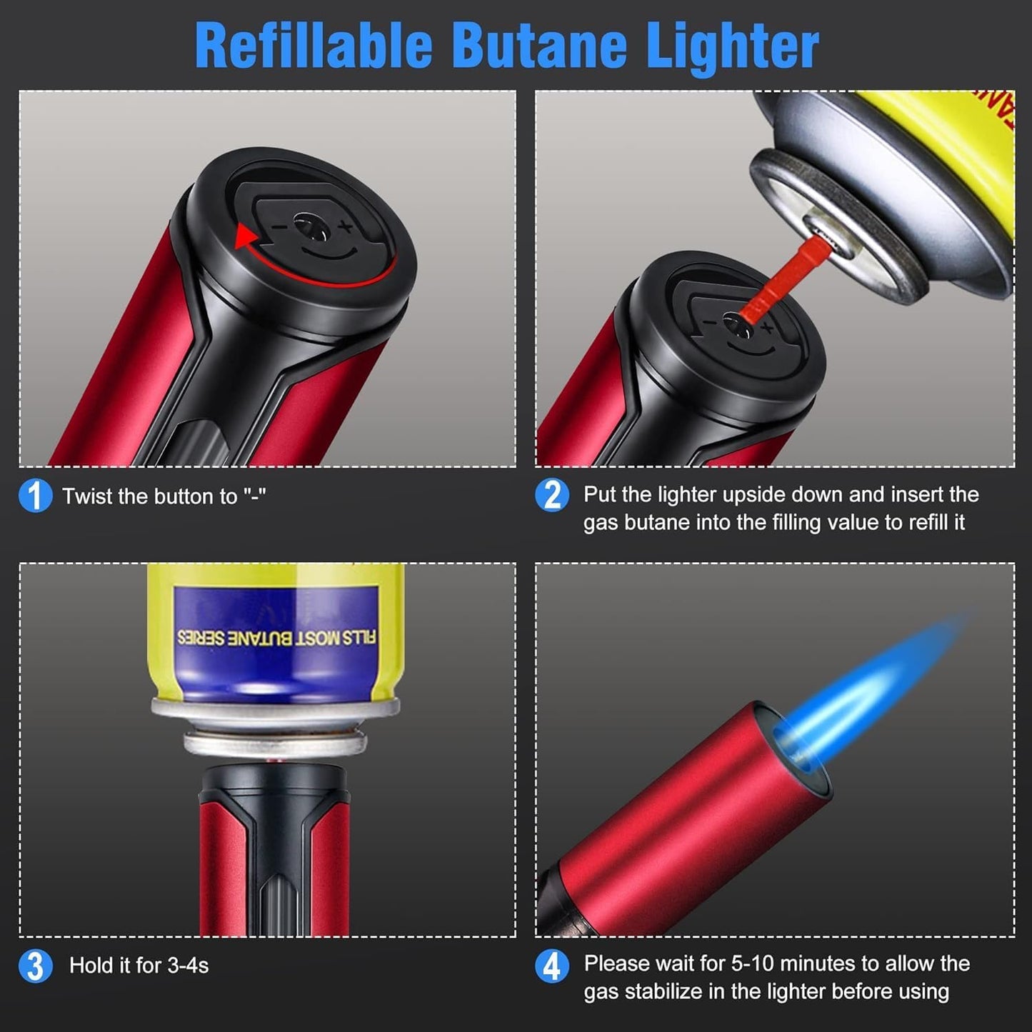 Butane Torch Lighter, 6-inch Refillable Pen Lighter Windproof Adjustable Jet Flame Butane Lighter for Candles Grill BBQ Fireplaces Camping (Butane Not Included) (Red)