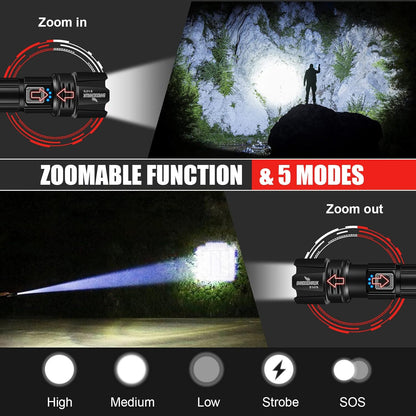 LED Torch Rechargeable Flashlight with High Lumens, Shadowhawk 20000 Lumen XHP70.2 Super Bright Torch, High Powered Torches, Powerful Handheld Tactical Flashlight for Emergency Camping Hiking Gift