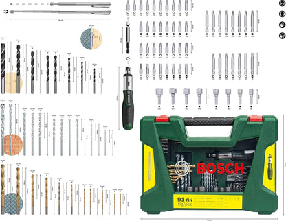 Bosch Accessories 91-Piece V-Line Titanium Drill Bit and Screwdriver Bit Set with Ratcheting Screwdriver (For Wood, Masonry, and Metal)