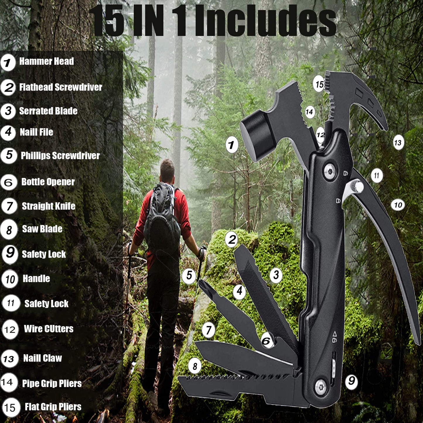 15-in-1 Multitool Hammer Black 18 In 1 Snowflake Multi Tool, Camping Accessories Survival Gear, Dad Husband Grandpa Men Cool Gadget Stocking Stuffers Gift, Christmas Birthday Father'day Gift