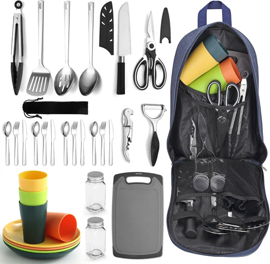 Berglander Portable Camping Cookware Set 23 Pieces Cookware Kit, Portable Outdoor Cooking and BBQ Ware for Travel, Picnics, Camping, BBQ, Party, and Other Outdoor Activities.