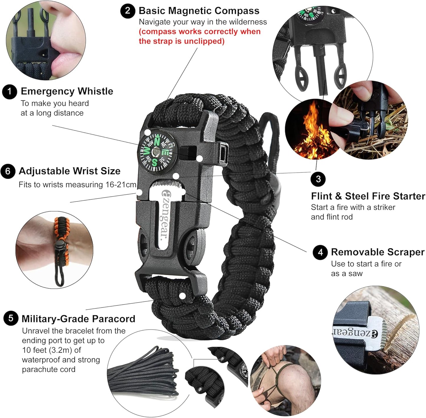 aZengear Paracord Survival Bracelet, Fire Starter Made of Flint and Steel, Whistle and Compass, Adjustable Strap Size for Camping, Bushcraft and Emergency Equipment