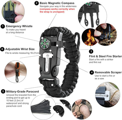 aZengear Paracord Survival Bracelet, Fire Starter Made of Flint and Steel, Whistle and Compass, Adjustable Strap Size for Camping, Bushcraft and Emergency Equipment