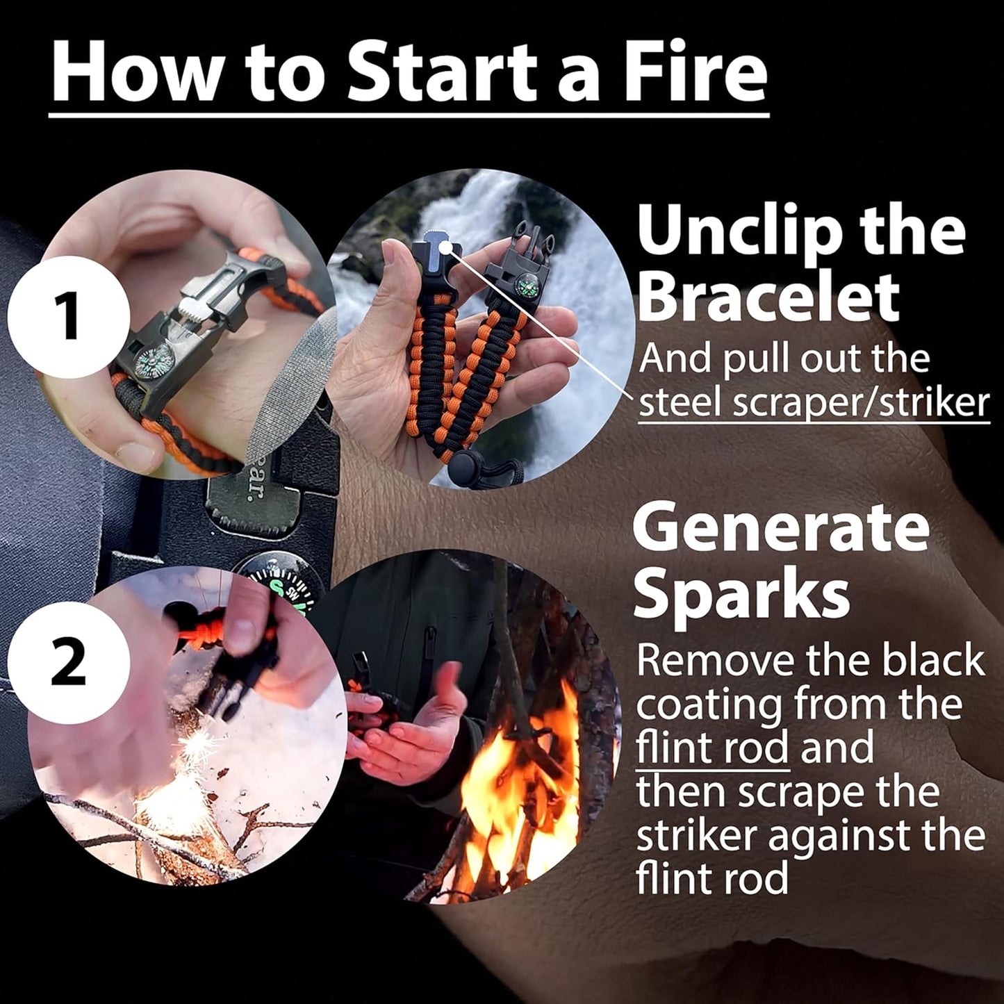 aZengear Paracord Survival Bracelet, Fire Starter Made of Flint and Steel, Whistle and Compass, Adjustable Strap Size for Camping, Bushcraft and Emergency Equipment