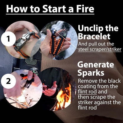 aZengear Paracord Survival Bracelet, Fire Starter Made of Flint and Steel, Whistle and Compass, Adjustable Strap Size for Camping, Bushcraft and Emergency Equipment