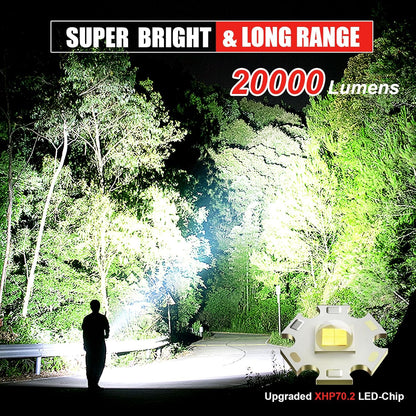 LED Torch Rechargeable Flashlight with High Lumens, Shadowhawk 20000 Lumen XHP70.2 Super Bright Torch, High Powered Torches, Powerful Handheld Tactical Flashlight for Emergency Camping Hiking Gift