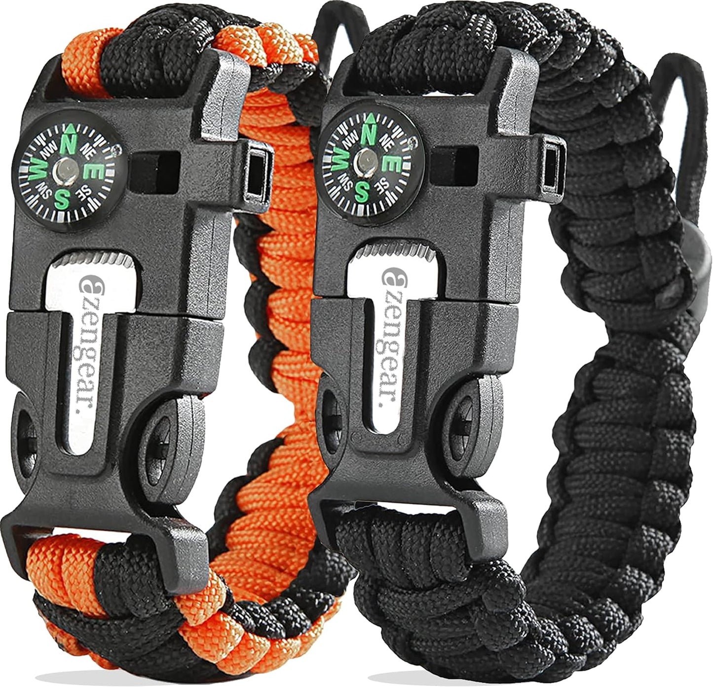 aZengear Paracord Survival Bracelet, Fire Starter Made of Flint and Steel, Whistle and Compass, Adjustable Strap Size for Camping, Bushcraft and Emergency Equipment